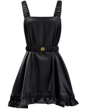 Kargede Satin Dress – Designer Silky Slip Mini, Square Neckline - Black