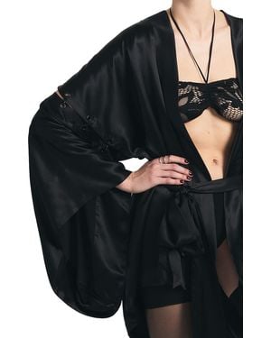Lunatic Femme Stroke Of Midnight Silk Kimono Robe - Black