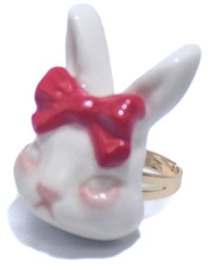 H2 Studio Grumpy Bunny Bow Tie 14K Plated Brass Ring - Pink