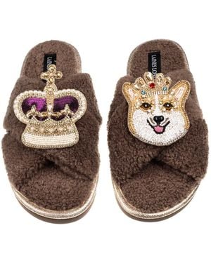 Laines London Neutrals Laines Neutral Boucle Slippers With Corgi & Crown Brooches - Brown