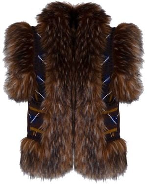 The Extreme Collection Striped Vest With Faux Fur Trim And Patch Pockets Antoinette - Brown