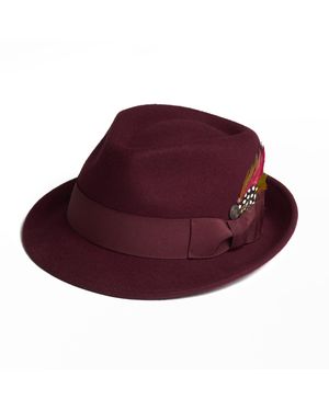 Dasmarca Hats Darwin Burgundy Felt Trilby With Feather - Red