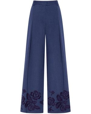 Annabo Velvet Rose Embroidered Wool Wide-Leg Trousers – Steel - Blue