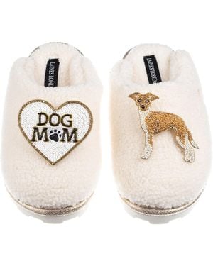 Laines London Neutrals Teddy Closed Toe Slippers With Dog Mum/Mom & Fawn & Greyhound Brooches - White