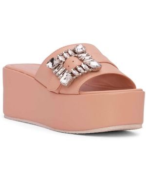 Beautiisoles by Robyn Shreiber Made in Italy Neutrals Dita Baby Leather Comfortable Wedge Platform Mule Beach Pool Slide Sandal - Pink