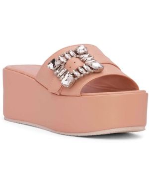 Beautiisoles by Robyn Shreiber Made in Italy Neutrals Dita Baby Leather Comfortable Wedge Platform Mule Beach Pool Slide Sandal - Pink