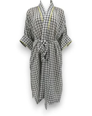 Monzlapur New York Plaid Kimono Wrap Dress With Neon Piping - Gray