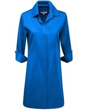 Perlavera Ciam Azur Solid Cotton Satin Three Quarter Sleeve Length Slim Fit Mini Dress - Blue