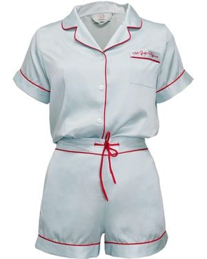NOT JUST PAJAMA Love Embroidery Silk Short Pyjamas Set - Blue
