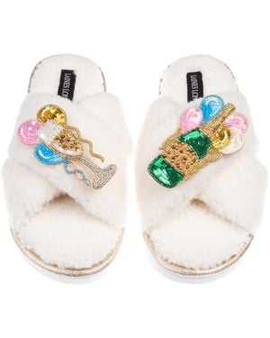 Laines London Neutrals Neutral Boucle Slippers With Birthday Bubbles Brooches - White