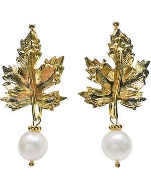 Farra Maple Leaves With Freshwater Pearls Statement Earrings - White
