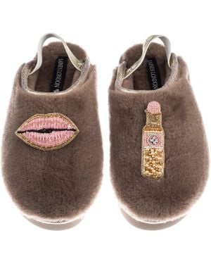 Laines London Neutrals Flatform Cloud Closed Toe Slippers With Lips & Lipstick Brooches - Brown
