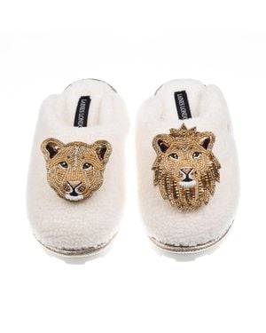 Laines London Neutrals Teddy Closed Toe Slippers With Lion & Lioness Brooch - Metallic