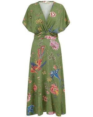 Yumi' Bird And Floral Print Ruched Waist Kimono Midi Dress - Green