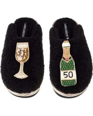 Laines London Teddy Closed Toe Slippers With 50Th Champers Bottle & Glass Brooches - Black