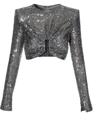 AGGI by HALEWSKI Meg Diamond Sequined Crop Top With Long Sleeves - Gray