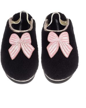 Laines London Flatform Cloud Closed Toe Slippers With Stripe Bow Brooches - Black