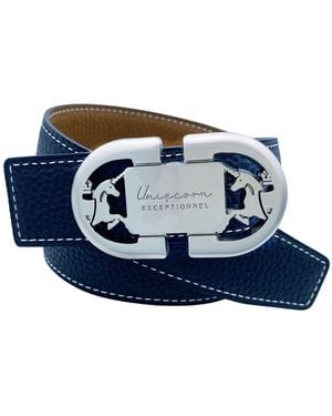 Champagne & Horses Reversible Leather Belt Heritage With Buckle - Blue