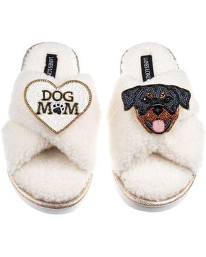 Laines London Neutrals Boucle Slippers With Dog Mum/Mom & Rottweiler Brooches - White