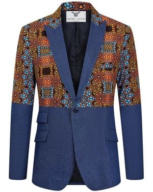 Ohema Ohene Denim & African Print Lapel Blazer - Blue