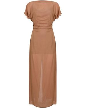 House of Ika Sheer Viscose Flutter Sleeve Dress - Brown