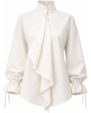 Julia Allert High Neck Draped Cotton Blouse - White