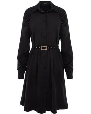 AVENUE No.29 Gathered Raglan Sleeve Viscose Midi Shirt Dress With Belt - Black
