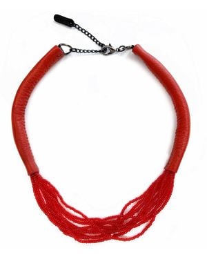 WAIWAI Leather & Glass Bead Choker - Red