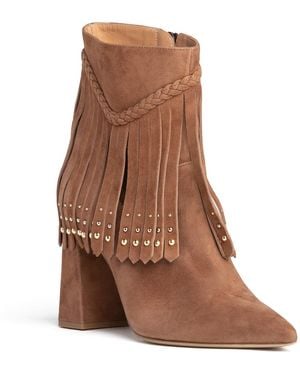 Beautiisoles by Robyn Shreiber Made in Italy Tal Cognac Bootie Suede Fringes With Zipper Elegant & Comfortable For Work & Evening - Brown