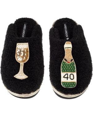 Laines London Teddy Closed Toe Slippers With 40Th Champers Bottle & Glass Brooches - Black