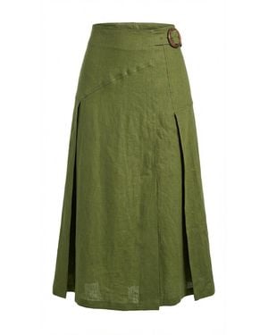 Exquise Burnice Buckle Detail Linen Midi Skirt - Green