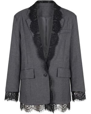 Modenaire Tailored Blazer With Lace Trim Lapel - Gray