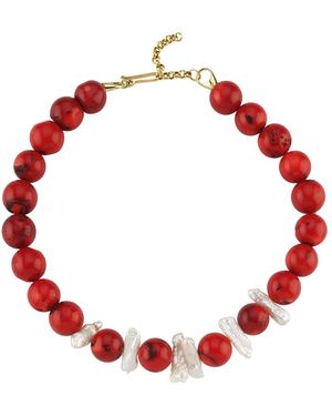 LINYA JEWELLERY Thalassa Round Pearl Coral Necklace - Red