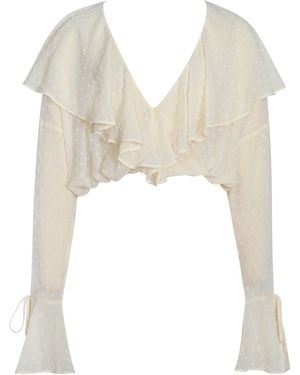 Miss Circle New York Magali Dotted Mesh Ruffle V Collar Top - White