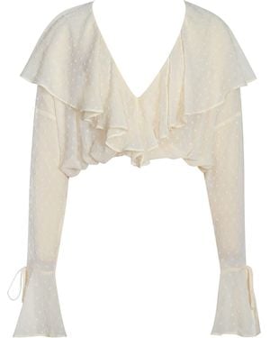 Miss Circle New York Magali Dotted Mesh Ruffle V Collar Top - White