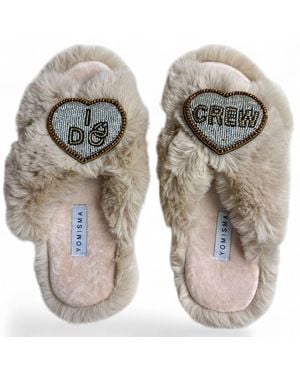 Yomisma Neutrals Eco Faux Fur Slippers – Recycled Faux Fur + I Do Crew Wedding Removable Hand Beaded Brooches - Metallic