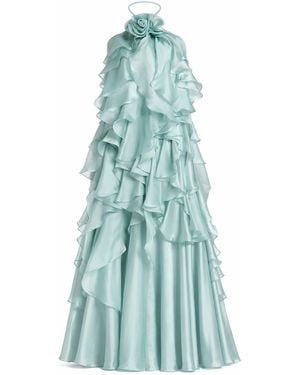 Mac Duggal Halter Neck Open Back Trapeze Ruffle Gown - Blue