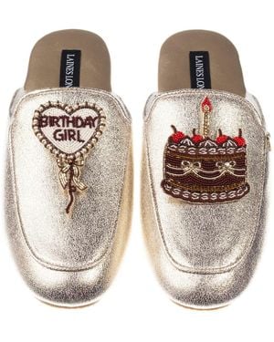 Laines London Classic Mules With Birthday Girl & Chocolate Cake Brooches - Metallic
