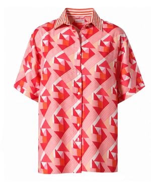 LOVEIST STORE Coral Geometric Patterned Linen-Feel Short Sleeve Shirt - Red