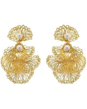 Lavish by Tricia Milaneze Neutrals Pearl & Shells Mini Handmade Crochet Earrings - Metallic