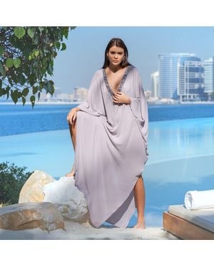 Belyed Handcraft Grege – Embellished Crepe V-Neck Kaftan By Belyed - Blue