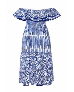 AMAANALUX The Broderie Anglaise Ruffle Summer Midi Dress - Blue