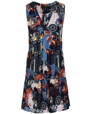 Conquista Sleeveless Flora Print A Line Dress - Blue