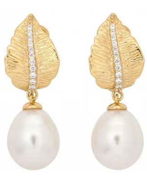 Angel Barocco Diamond Leaves Baroque Pearl Earrings - Metallic