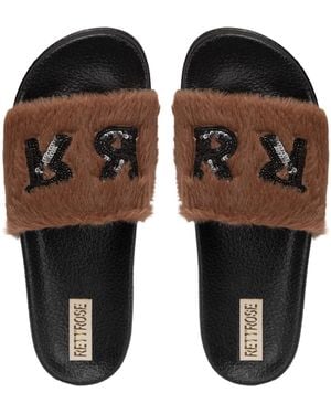 Rettrose Truvi Chocolate Luxury Plush Diamanté Embellished Handmade Sliders - Black