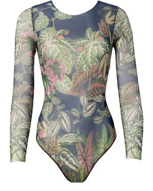 Rodasoleil Smart Swimwear Tan-Through Mesh One-Piece Swimsuit With Sleeves Botanicum - Blue