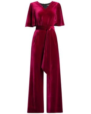 Rumour London Layla Velvet Jumpsuit With Bell Sleeves & Sash - Red