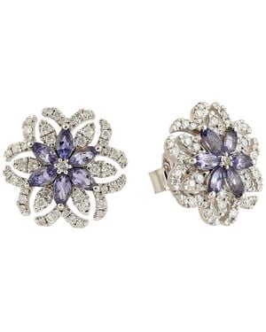 Artisan Solid White Gold Natural Diamond Tanzanite Stud Earrings Handmade Jewellery - Metallic