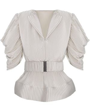 Silvia Serban V-Neck Pleated Ivory Satin Blouse - Grey