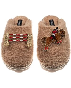 Laines London Embroidered Faux Fur Closed-Toe Slippers - Brown